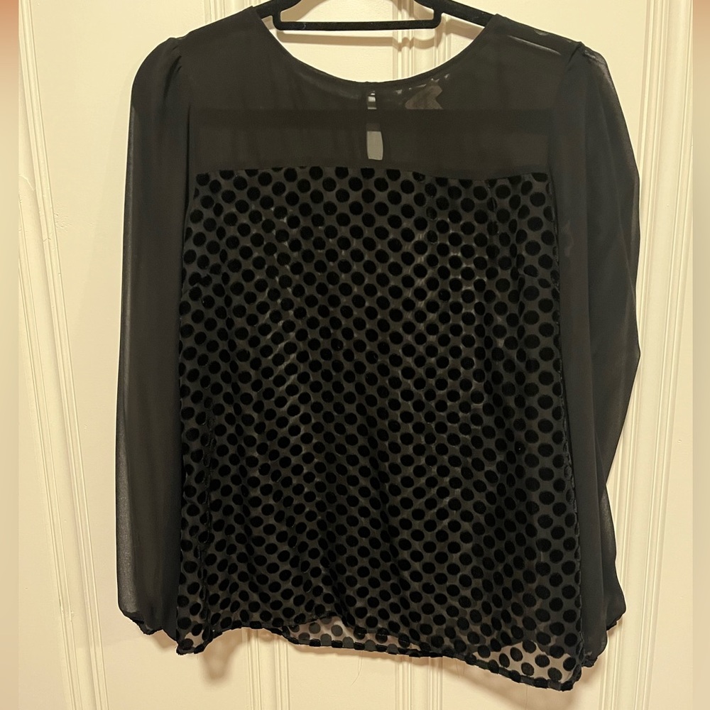Sheer black polka dot Crimeaux top. Size small